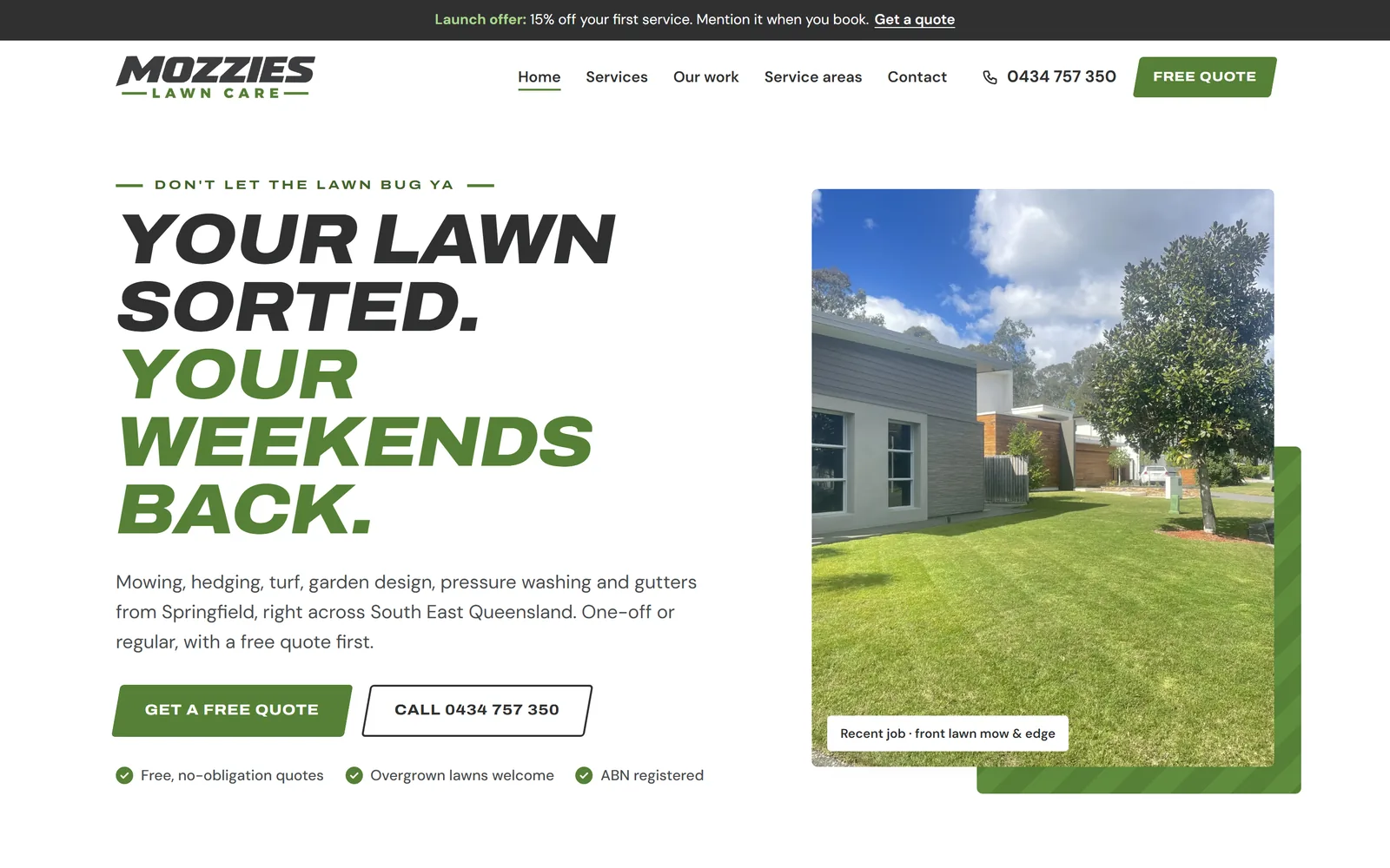 Mozzies Lawn Care website homepage