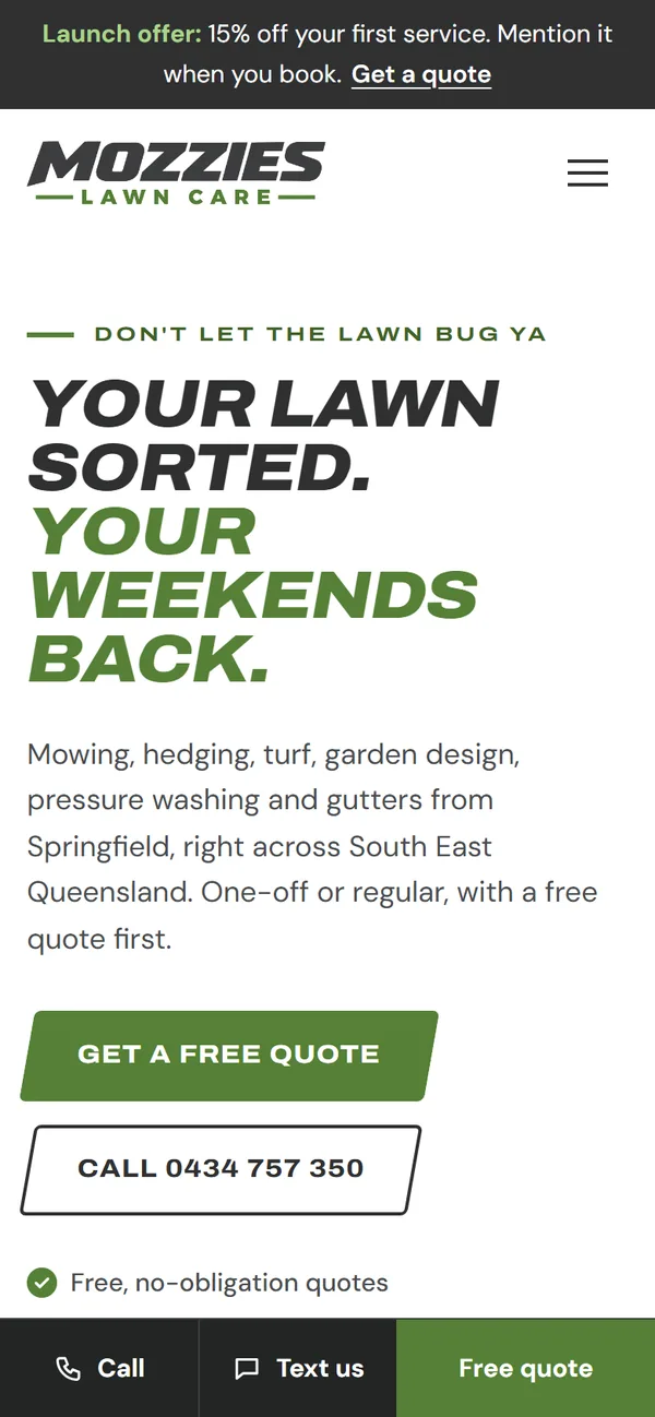 Mozzies Lawn Care on a phone