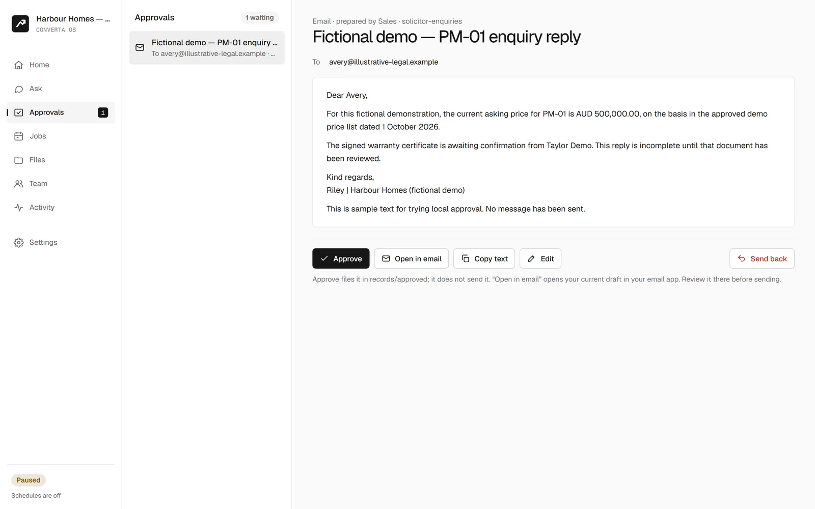 Converta OS: Approvals screen in a demo workspace