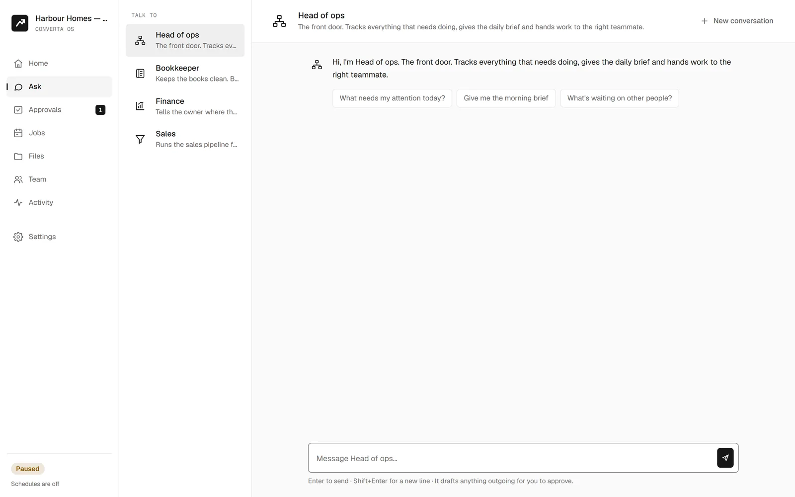 Converta OS: Ask anything screen in a demo workspace