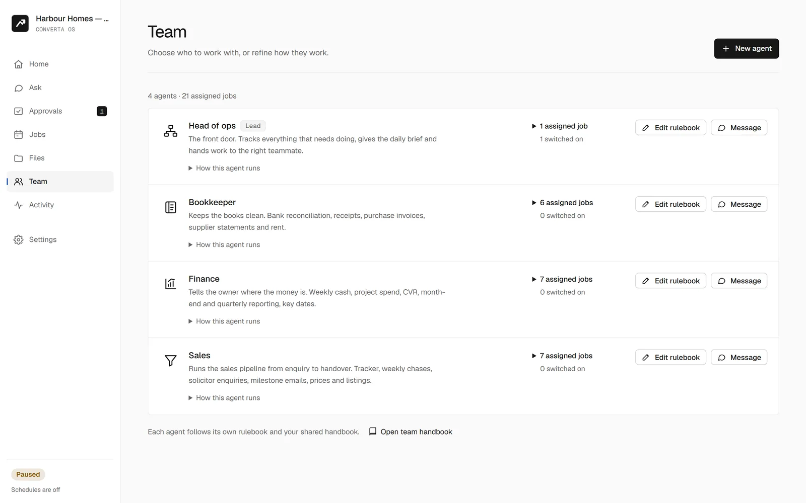 Converta OS: Your AI team screen in a demo workspace